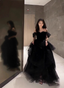 Elegant Black A-Line Off-The-Shoulder Shimmer Tiered Tulle Long Formal Prom Dress