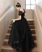 Elegant Black A-Line Square Neck Puff Sleeve Tulle Long Formal Prom Dress