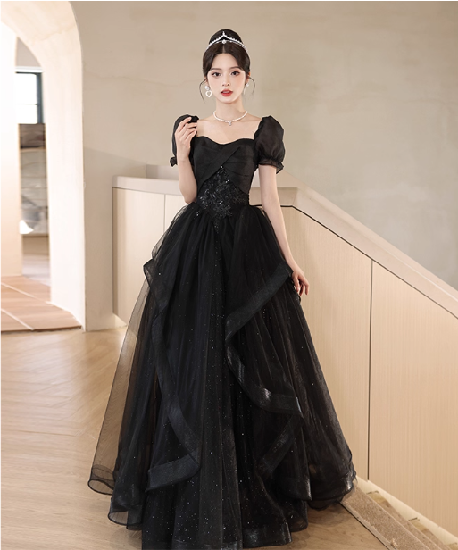 Elegant Black A-Line Square Neck Puff Sleeve Tulle Long Formal Prom Dress