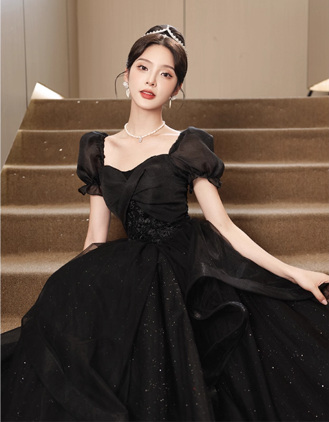 Elegant Black A-Line Square Neck Puff Sleeve Tulle Long Formal Prom Dress