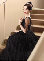 Elegant Black A-Line V-Neck Shawl Lace Tulle Long Formal Prom Dress
