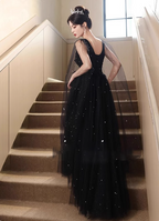 Elegant Black A-Line V-Neck Shawl Lace Tulle Long Formal Prom Dress