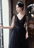 Elegant Black A-Line V-Neck Shawl Lace Tulle Long Formal Prom Dress