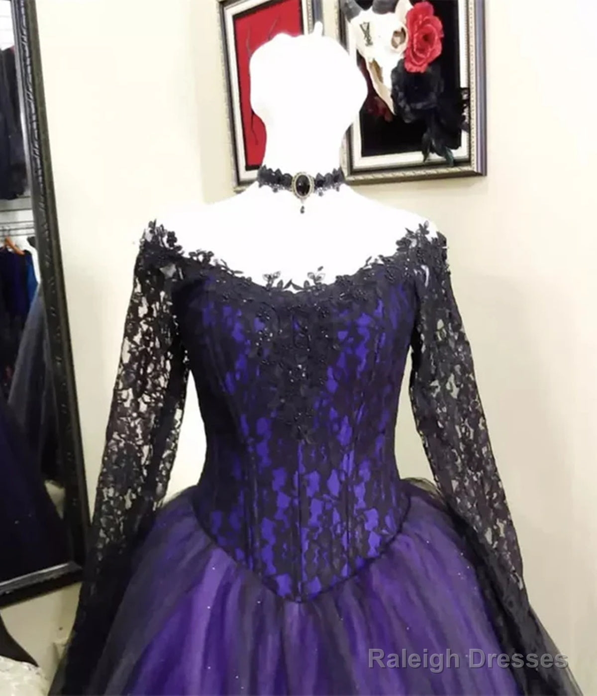 Elegant Black And Purple Lace Long Sleeves Sweet 16 Dress, Black And Purple Prom Dress Secondary image