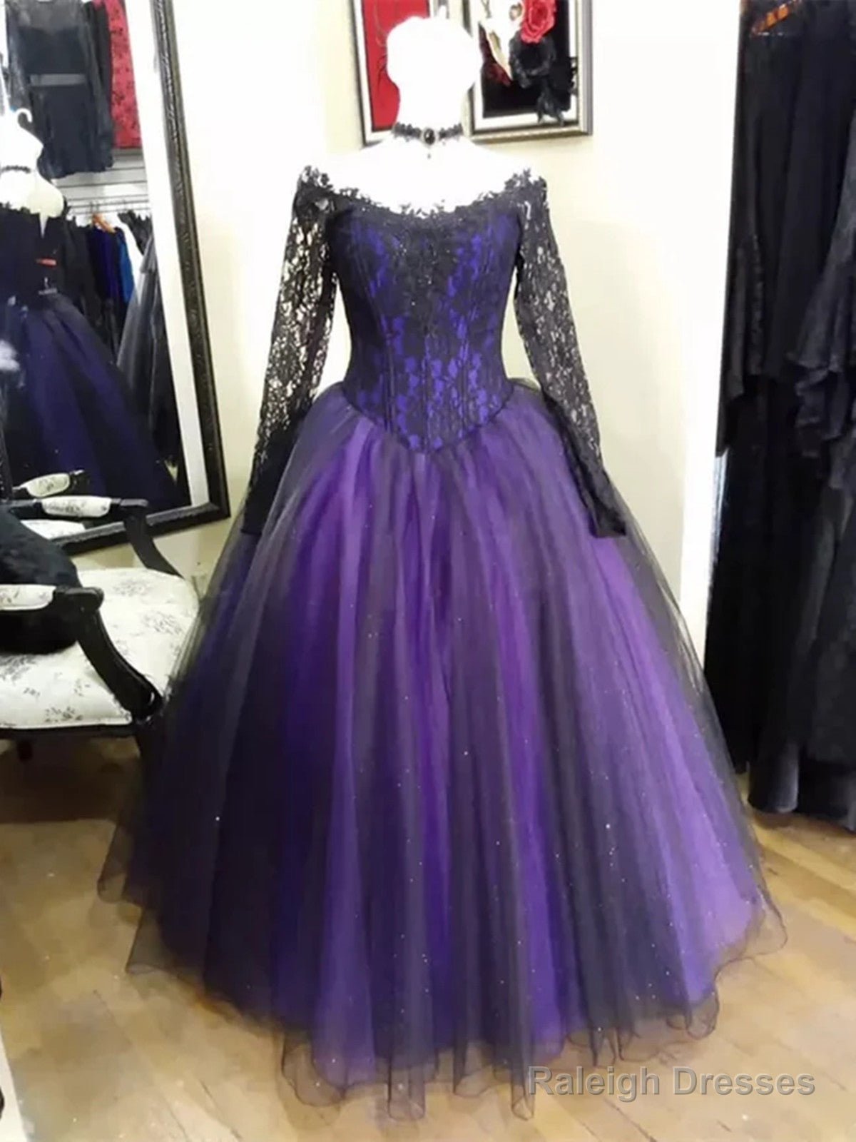 Elegant Black And Purple Lace Long Sleeves Sweet 16 Dress, Black And Purple Prom Dress