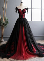 Elegant Black And Red Tulle With Lace Off Shoulder Gowns Black And Red Prom Dresses
