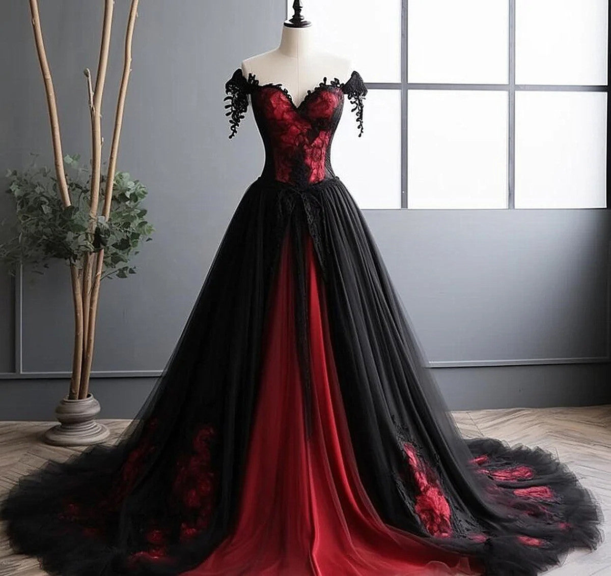 Elegant Black And Red Tulle With Lace Off Shoulder Gowns Black And Red Prom Dresses
