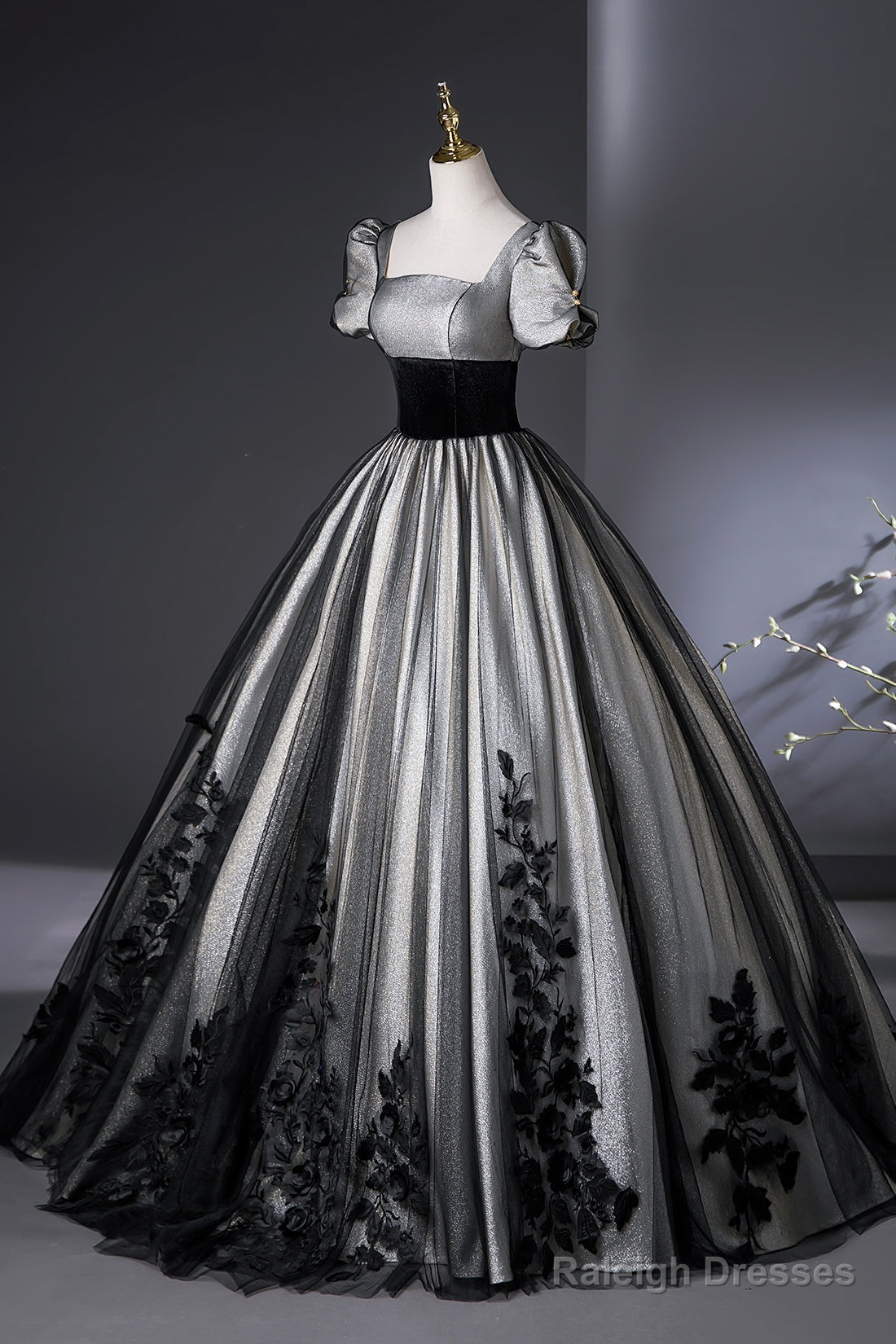 Elegant Black And Silver Lace Long Prom Dresses A-Line Square Neck Prom Dresses