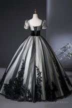 Elegant Black And Silver Lace Long Prom Dresses A-Line Square Neck Prom Dresses