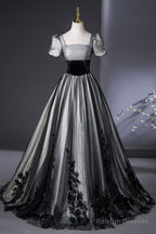 Elegant Black And Silver Lace Long Prom Dresses A-Line Square Neck Prom Dresses
