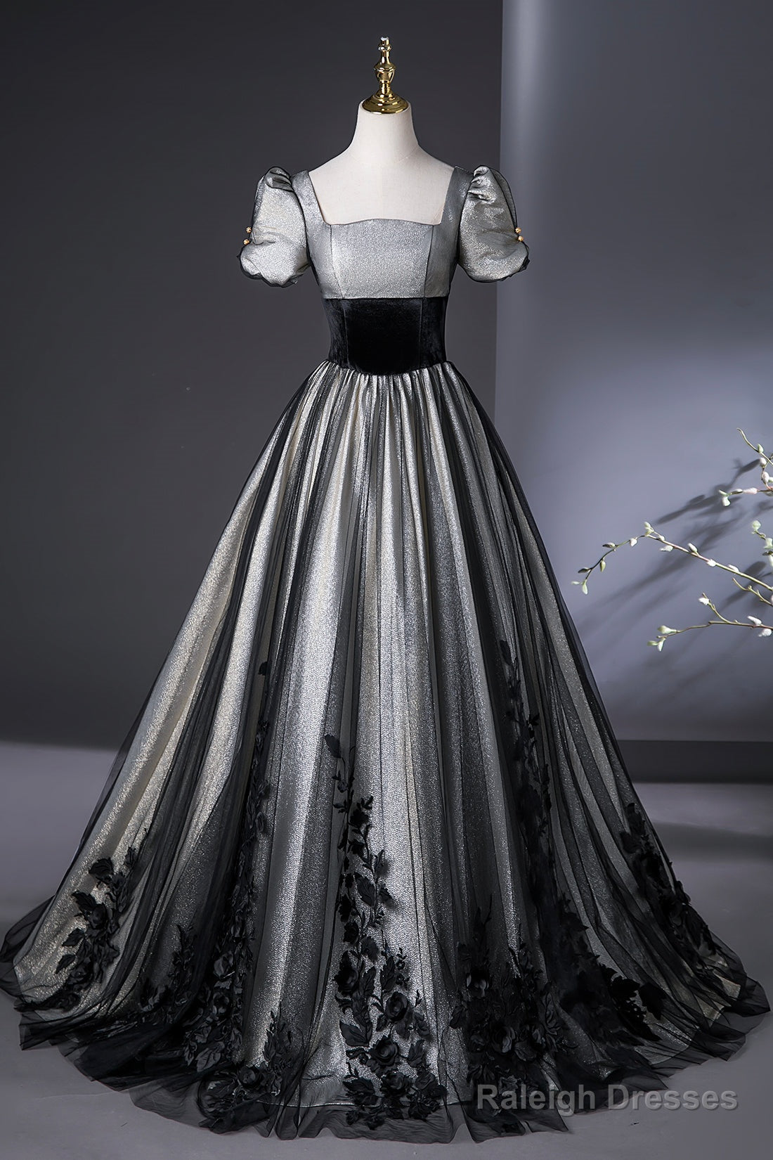 Elegant Black And Silver Lace Long Prom Dresses A-Line Square Neck Prom Dresses