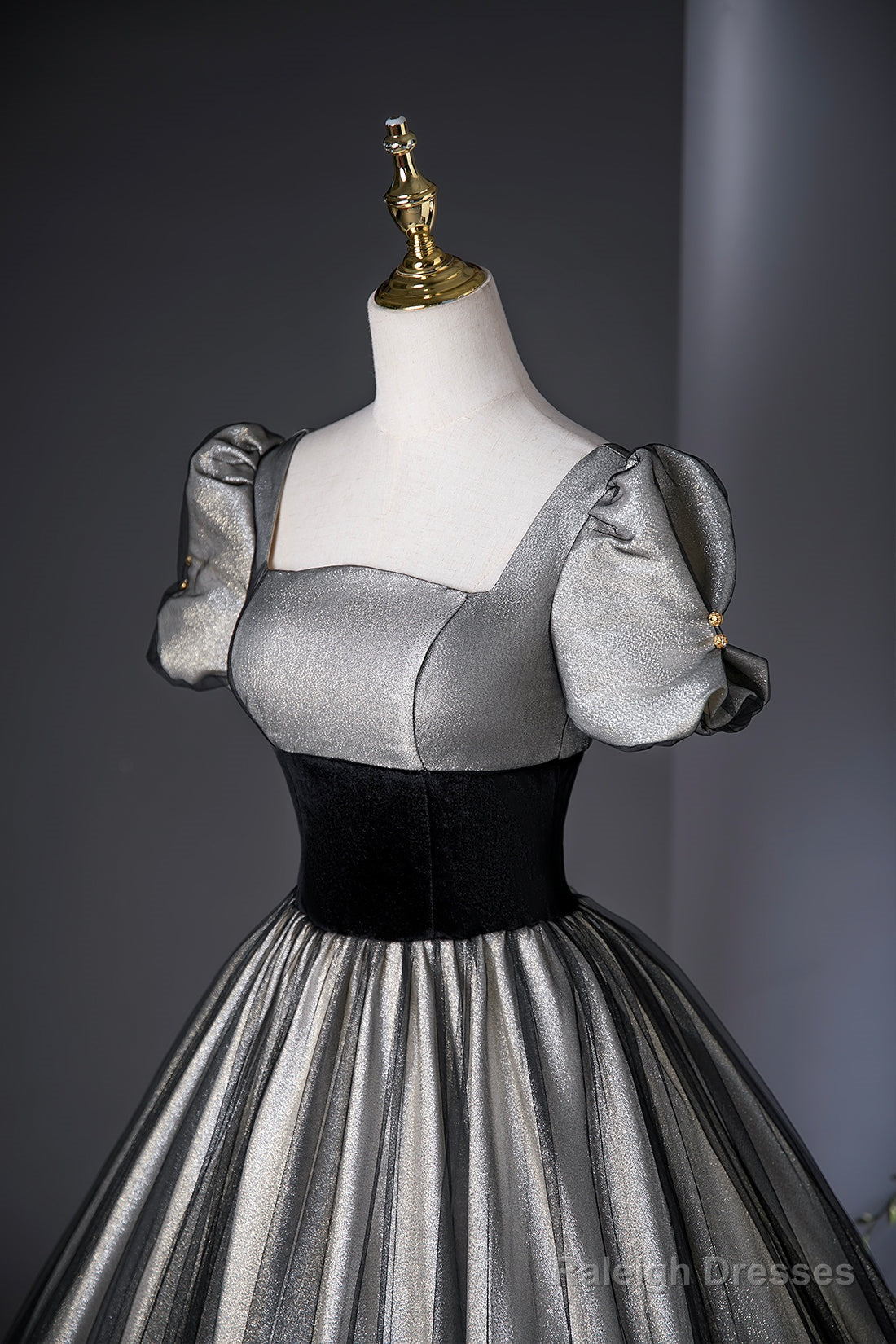 Elegant Black And Silver Lace Long Prom Dress, A-Line Square Neck Party Dress