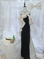 Elegant Black And White Color-Blocked Mermaid Strapless Velvet Satin Long Formal Prom Dress