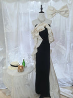 Elegant Black And White Color-Blocked Mermaid Strapless Velvet Satin Long Formal Prom Dress