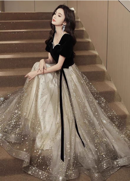 Elegant Black & Gold Panel Short Sleeve Velvet Tulle A-Line Long Formal Prom Dress
