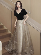 Elegant Black & Gold Panel Short Sleeve Velvet Tulle A-Line Long Formal Prom Dress