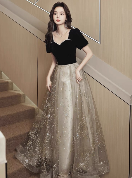 Elegant Black & Gold Panel Short Sleeve Velvet Tulle A-Line Long Formal Prom Dress