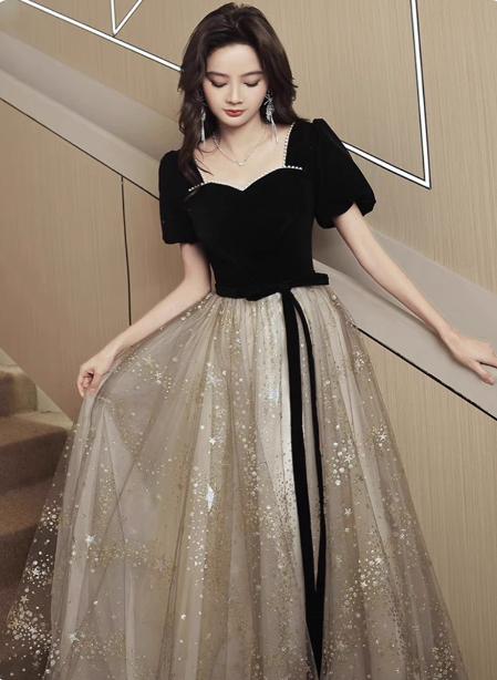 Elegant Black & Gold Panel Short Sleeve Velvet Tulle A-Line Long Formal Prom Dress