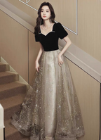 Elegant Black & Gold Panel Short Sleeve Velvet Tulle A-Line Long Formal Prom Dress