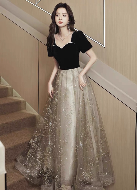 Elegant Black & Gold Panel Short Sleeve Velvet Tulle A-Line Long Formal Prom Dress