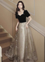 Elegant Black & Gold Panel Short Sleeve Velvet Tulle A-Line Long Formal Prom Dress