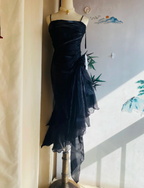 Elegant Black Irregular Pleated Halter Satin Formal Prom Dress