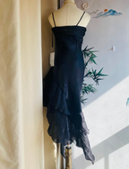 Elegant Black Irregular Pleated Halter Satin Formal Prom Dress
