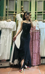 Elegant Black Irregular Strap Beaded Chiffon Long Formal Prom Dress