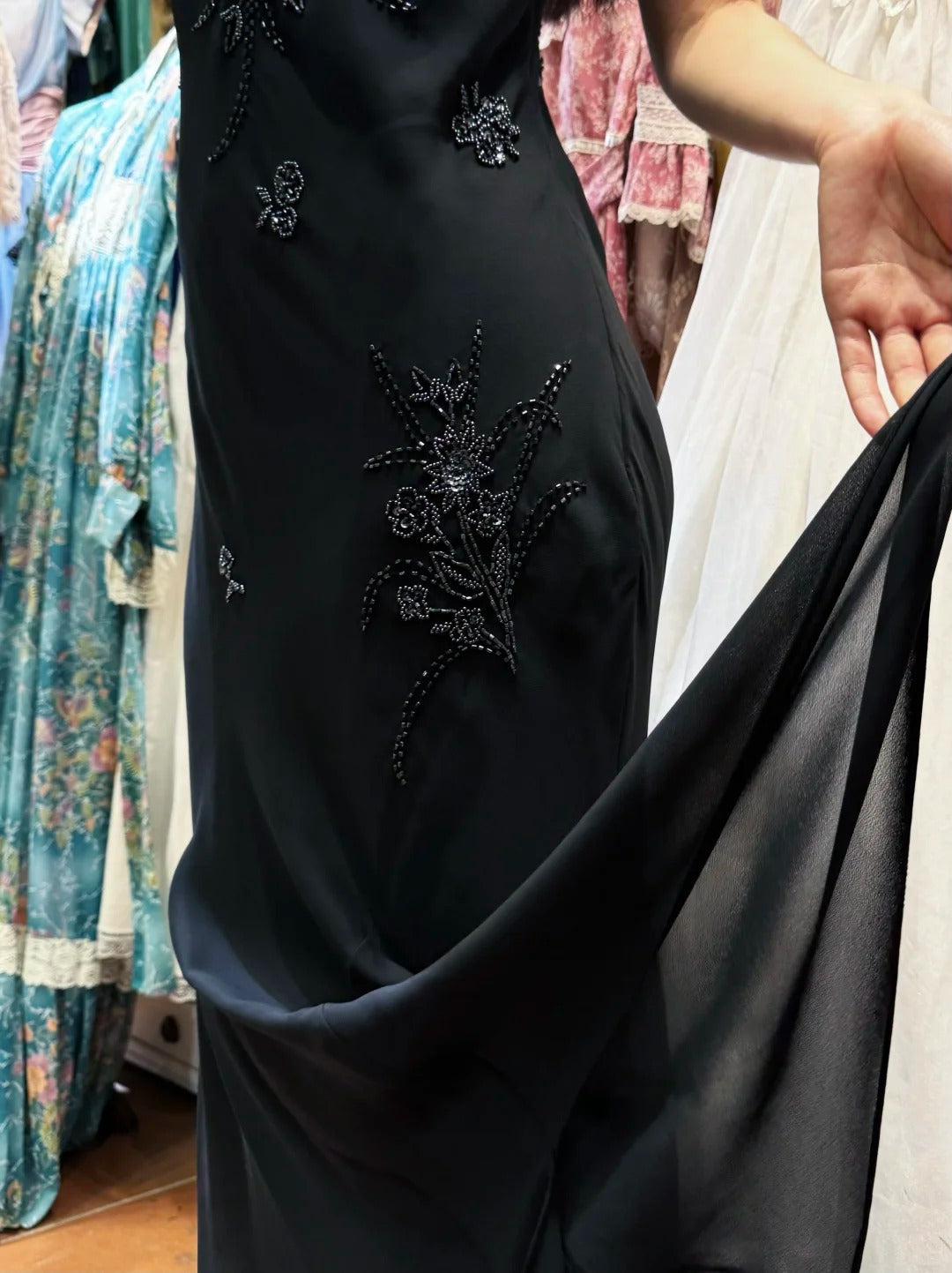 Elegant Black Irregular Strap Beaded Chiffon Long Formal Prom Dress