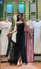 Elegant Black Irregular Strap Beaded Chiffon Long Formal Prom Dress
