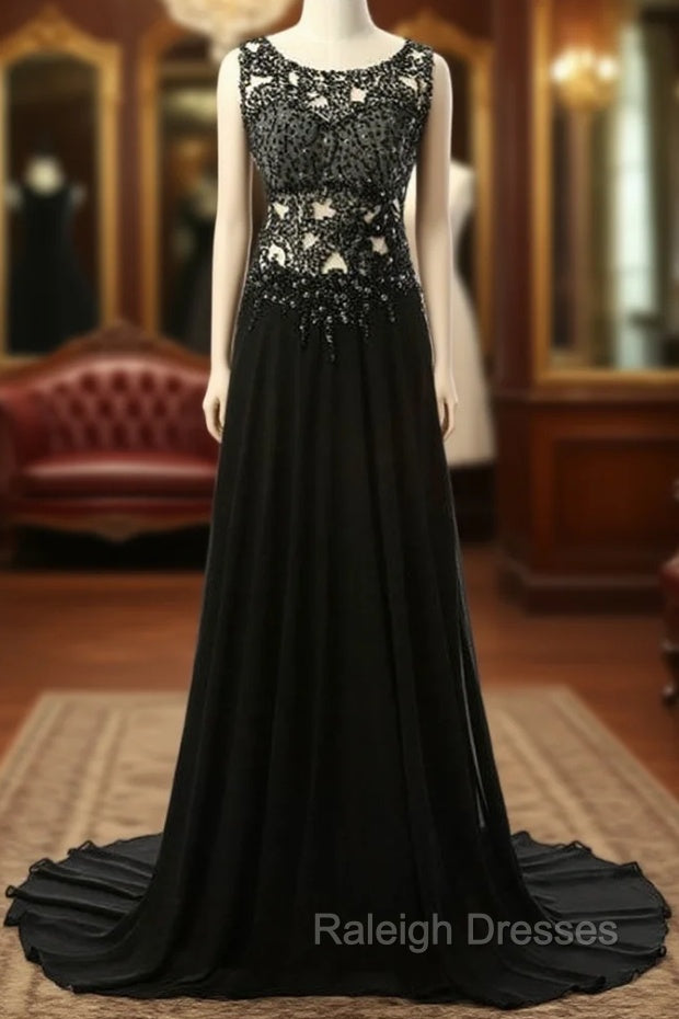 Elegant Black Long Evening Dresses Beading Chiffon Sleeveless Main image
