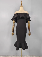 Elegant Black Mermaid Off-The-Shoulder Ruffled Satin Formal Prom Dress