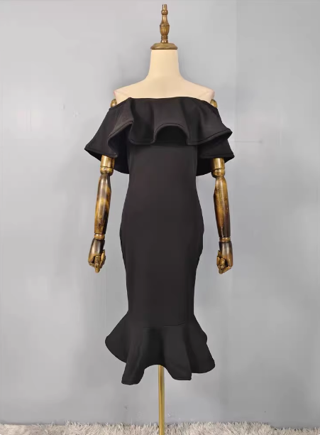 Elegant Black Mermaid Off-The-Shoulder Ruffled Satin Formal Prom Dress