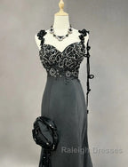 Elegant Black Mermaid Satin Beaded Sequin Long Prom Dress, Sweetheart Neck Evening Dress