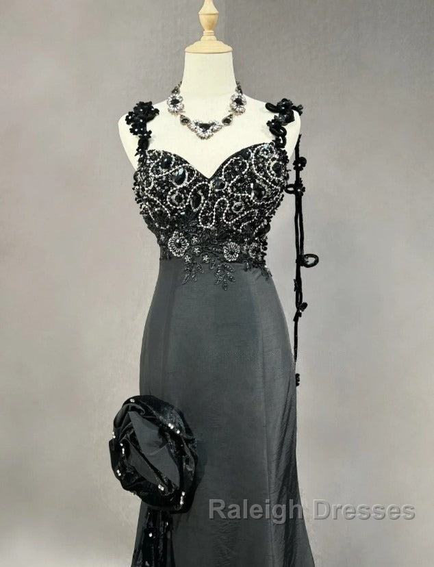 Elegant Black Mermaid Satin Beaded Sequin Long Prom Dress, Sweetheart Neck Evening Dress