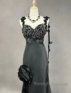 Elegant Black Mermaid Satin Beaded Sequin Long Prom Dresses Sweetheart Neck Prom Dresses