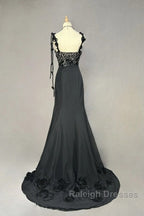 Elegant Black Mermaid Satin Beaded Sequin Long Prom Dress, Sweetheart Neck Evening Dress