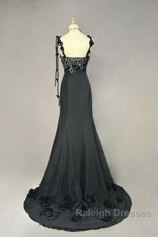 Elegant Black Mermaid Satin Beaded Sequin Long Prom Dress, Sweetheart Neck Evening Dress