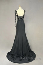 Elegant Black Mermaid Satin Beaded Sequin Long Prom Dresses Sweetheart Neck Prom Dresses