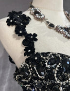 Elegant Black Mermaid Satin Beaded Sequin Long Prom Dress, Sweetheart Neck Evening Dress