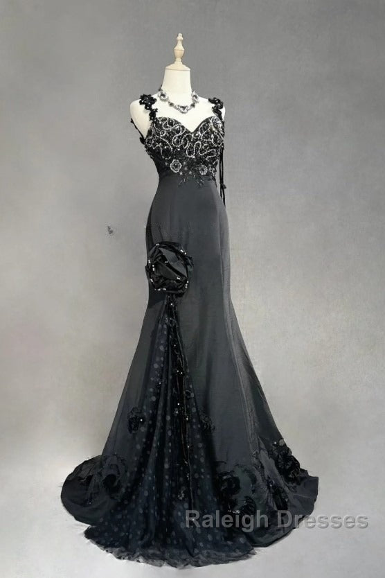 Elegant Black Mermaid Satin Beaded Sequin Long Prom Dresses Sweetheart Neck Prom Dresses