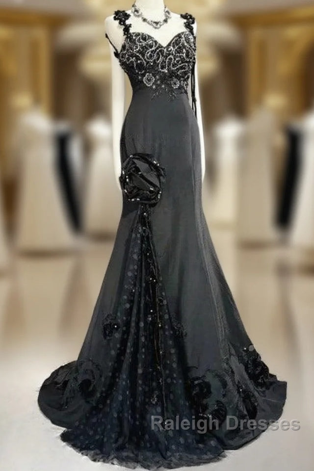 Elegant Black Mermaid Satin Beaded Sequin Long Prom Dresses Sweetheart Neck Prom Dresses
