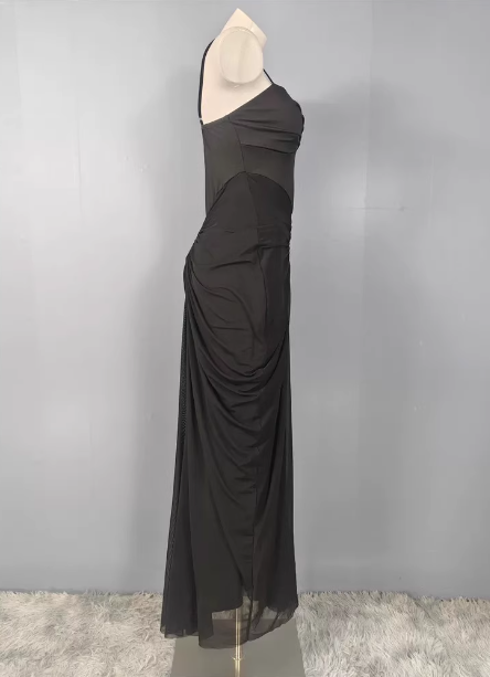 Elegant Black Mermaid Spaghetti Strap Ruched Chiffon Long Formal Prom Dress