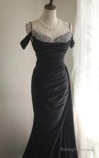 Elegant Black Mermaid Spaghetti Strap Satin Diamond Long Prom Dress Simple Evening Dress