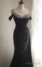 Elegant Black Mermaid Spaghetti Strap Satin Diamond Prom Dresses Long Simple Prom Dresses