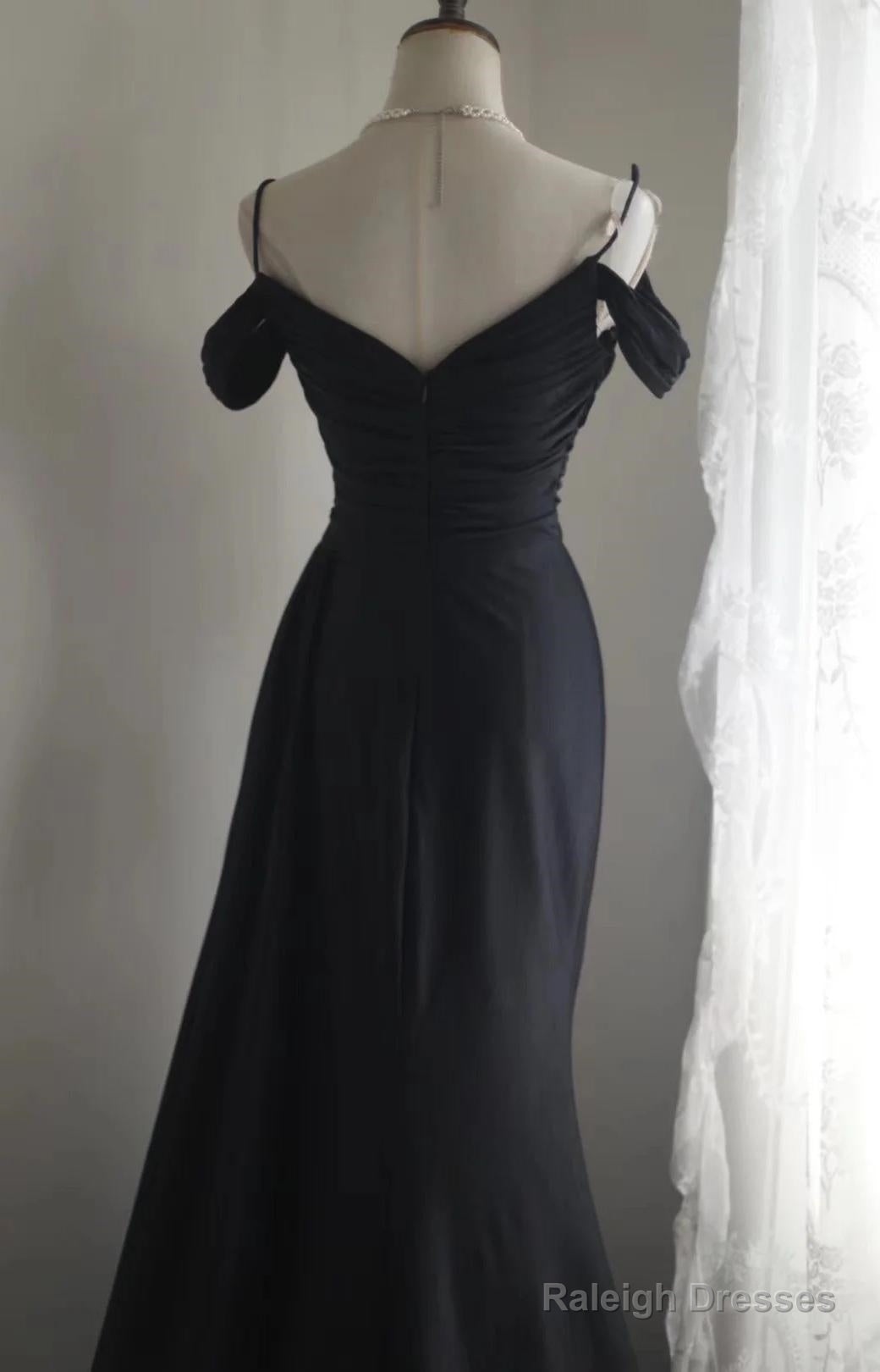 Elegant Black Mermaid Spaghetti Strap Satin Diamond Prom Dresses Long Simple Prom Dresses