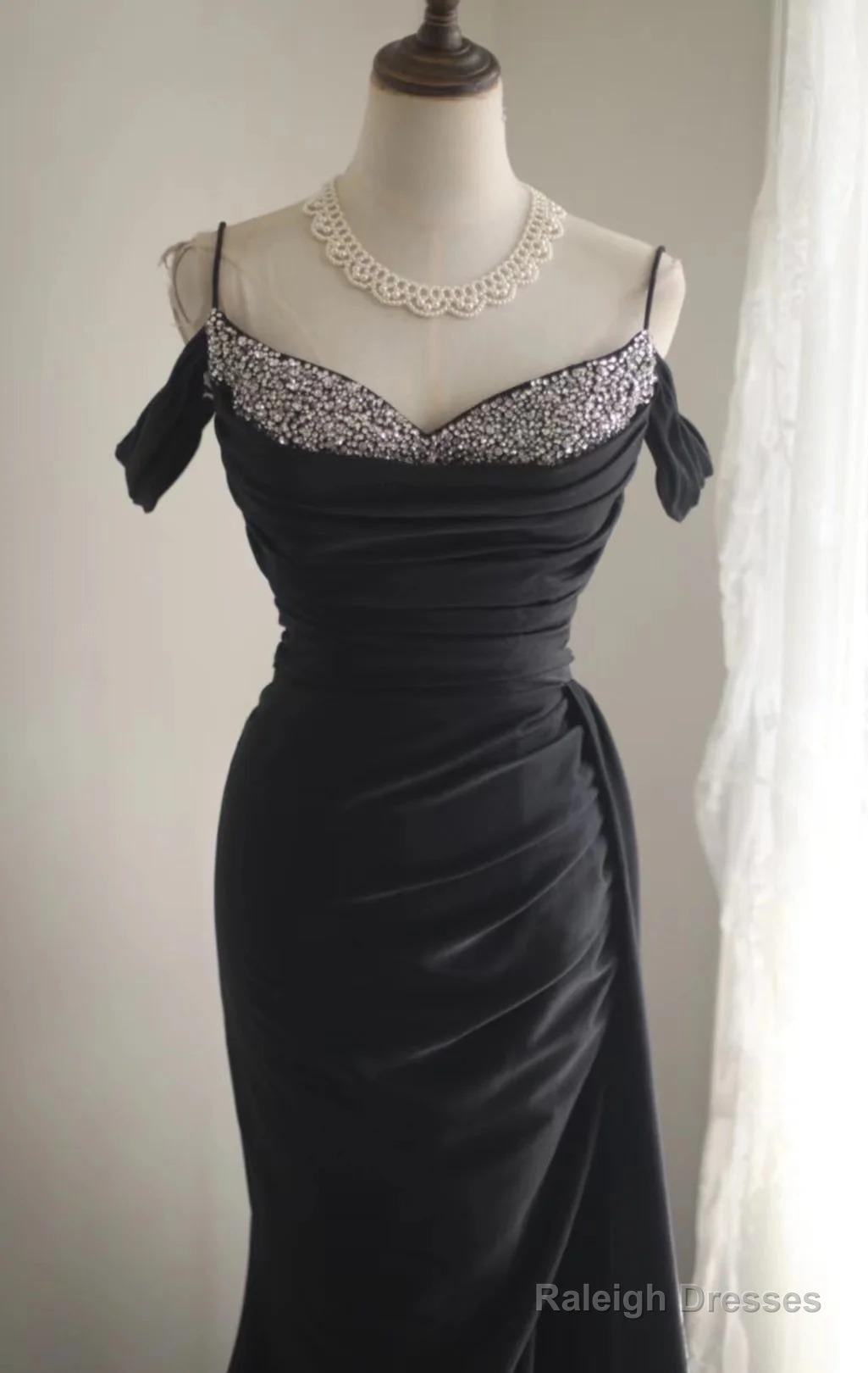Elegant Black Mermaid Spaghetti Strap Satin Diamond Long Prom Dress Simple Evening Dress