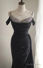 Elegant Black Mermaid Spaghetti Strap Satin Diamond Prom Dresses Long Simple Prom Dresses