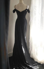 Elegant Black Mermaid Spaghetti Strap Satin Diamond Prom Dresses Long Simple Prom Dresses