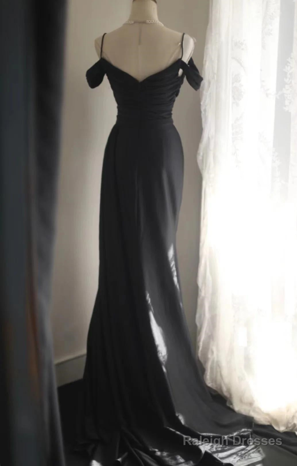 Elegant Black Mermaid Spaghetti Strap Satin Diamond Prom Dresses Long Simple Prom Dresses
